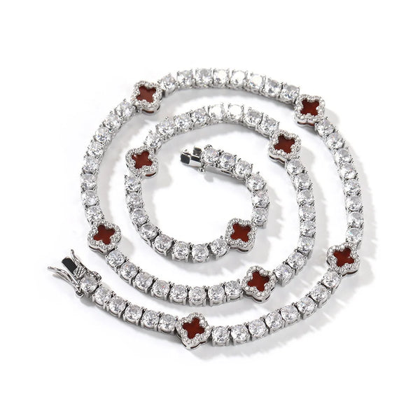 Iced Out Four-Leaf Bracelet - Red